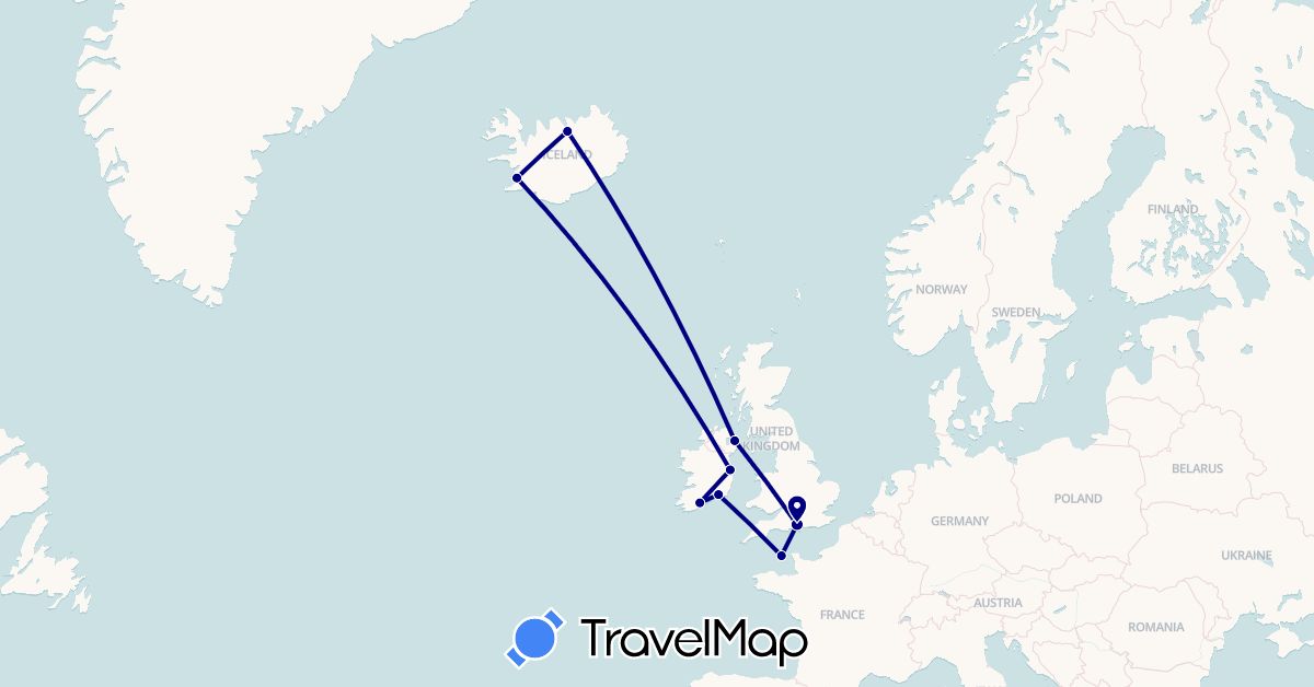 TravelMap itinerary: driving in United Kingdom, Guernsey, Ireland, Iceland (Europe)
